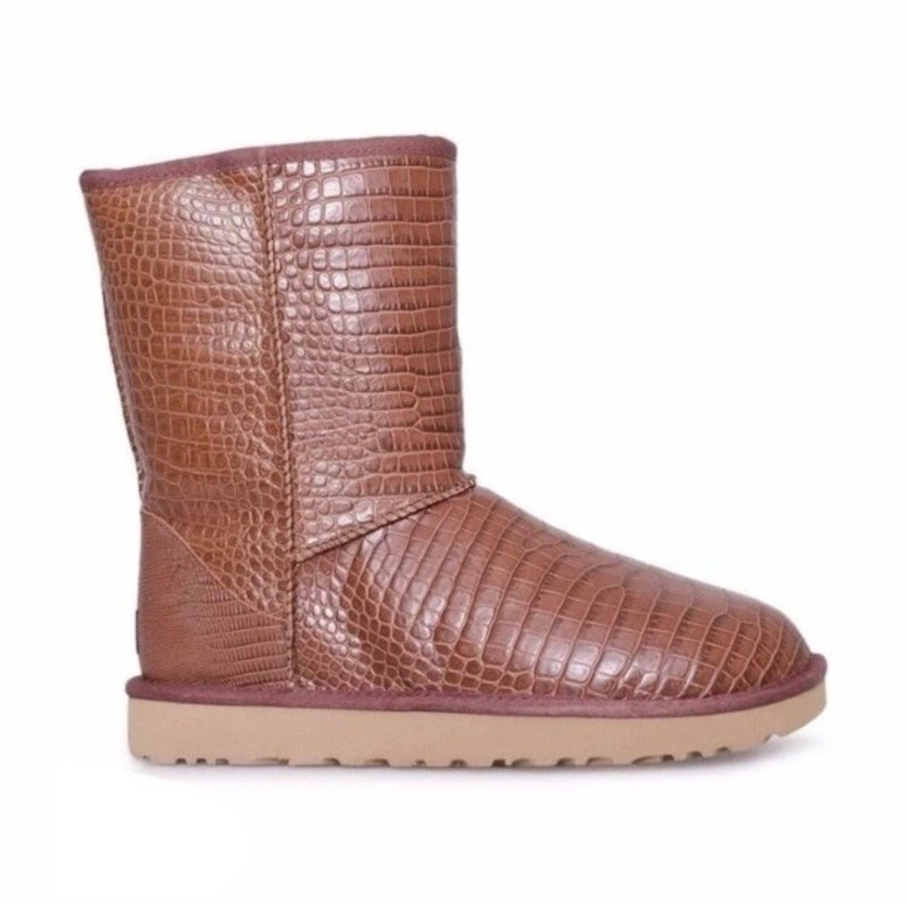 Ugg Classic Short Boots Croco Spice Glossy Brown Leather Women's Size 7 Pull On